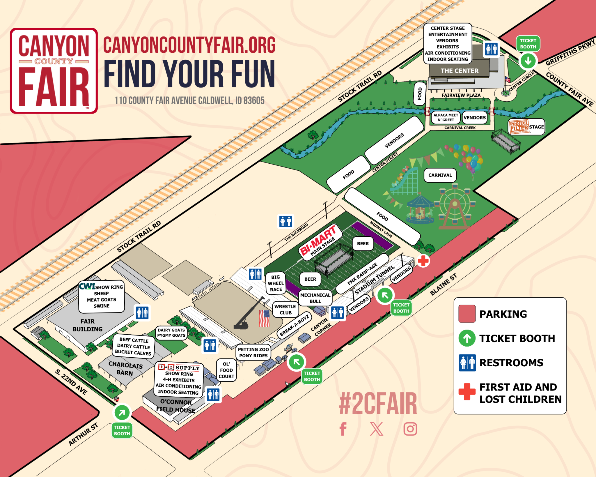 Map of the Canyon County Fair showing various attractions, buildings, and facilities including parking areas, ticket booths, restrooms, first aid and lost children stations. Key locations include the fair building, Bi-Mart stage, carnival area, and center stage.