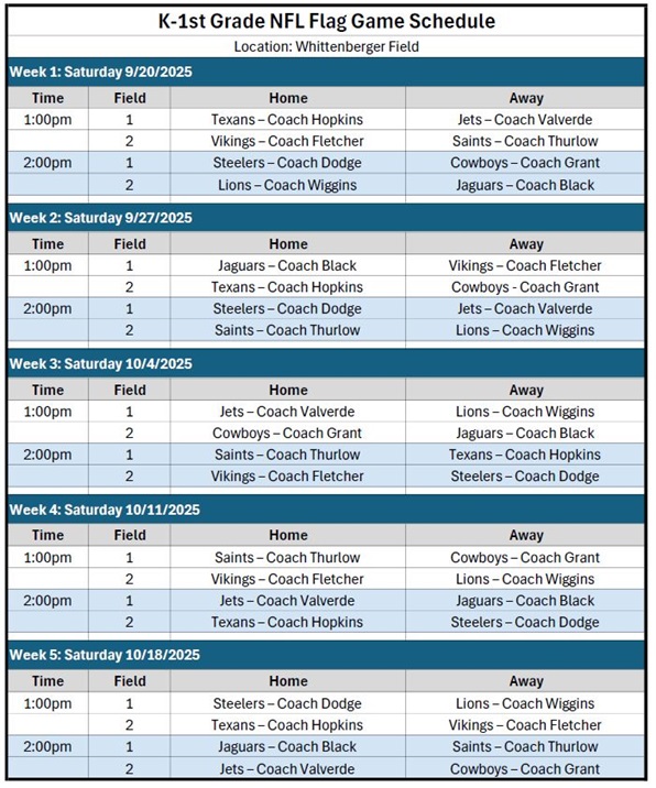 K-1st Grade 2025 Game Schedule